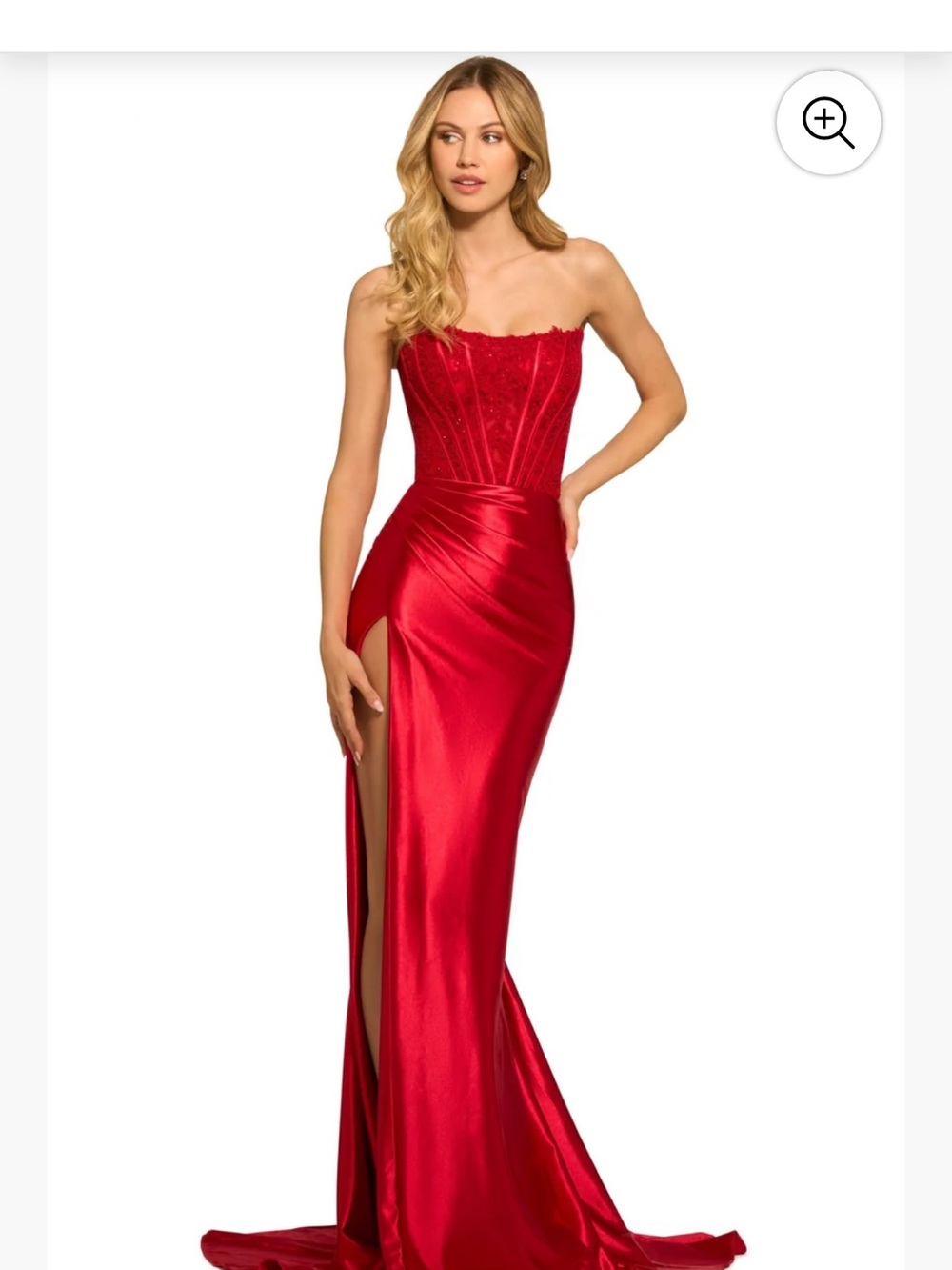 Sherri Hill Strapless Red Satin Evening Gown with High Slit